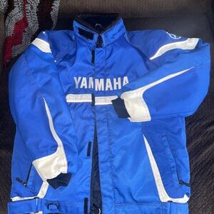 White and Blue Yamaha Snowmobile jacket (Size 16 youth) bibs(size xs).